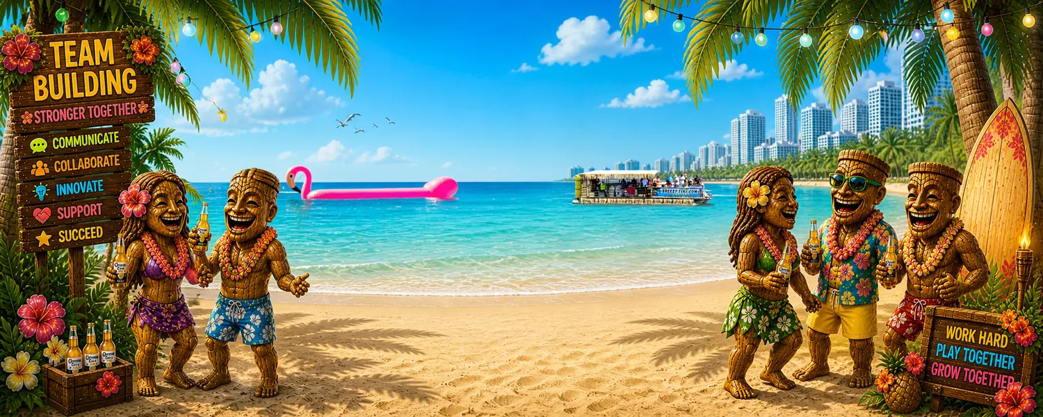 Tiki-themed corporate team building illustration